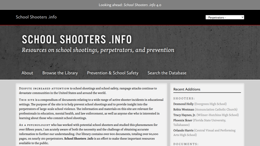 School Shooters .info homepage offering resources on school shootings, perpetrators, and prevention with navigation links and recent additions