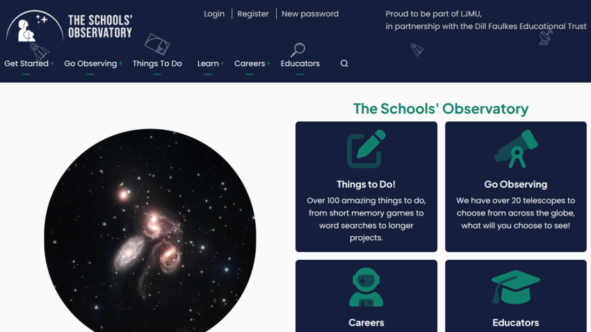 The Schools' Observatory homepage with navigation links and sections for Things to Do, Go Observing, Careers, and Educators alongside a galaxy image.