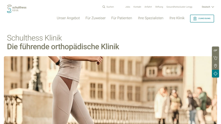Schulthess Klinik homepage with navigation and headline highlighting leading orthopedic clinic