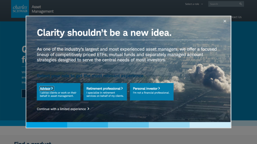 Asset management website homepage with headline about clarity in investment management and three investment options