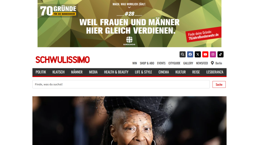 Schwulissimo website with navigation menu, search bar, social icons, and hero image of a person wearing a black hat with netting