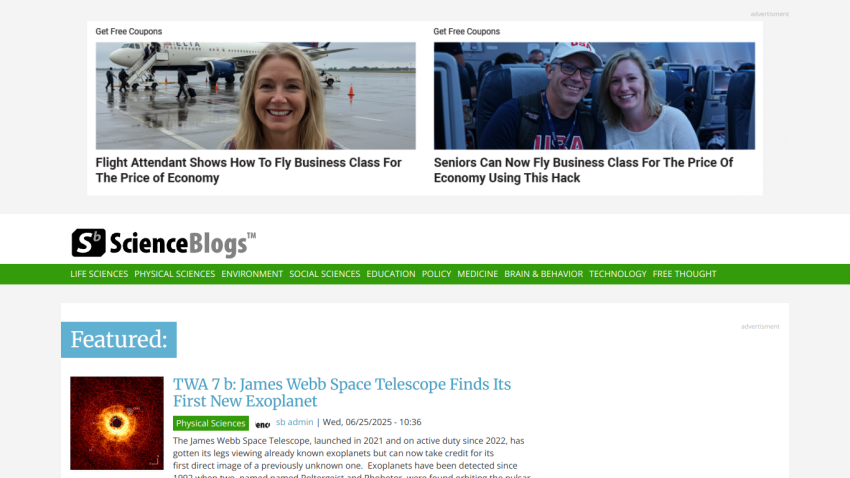 ScienceBlogs homepage featuring articles on space and travel.