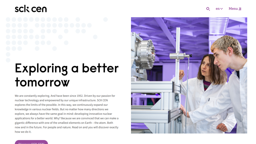 Nuclear research center homepage with headline 'Exploring a better tomorrow' and scientists working with equipment