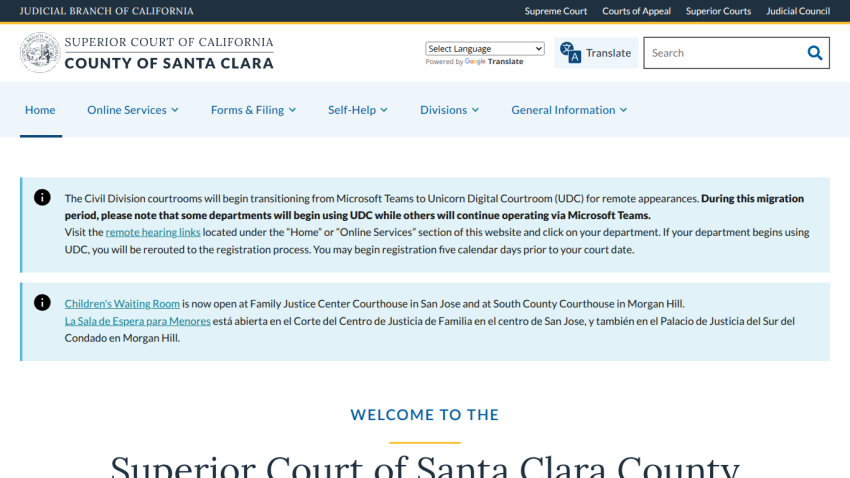 Superior Court of Santa Clara County website homepage with navigation links and welcome message