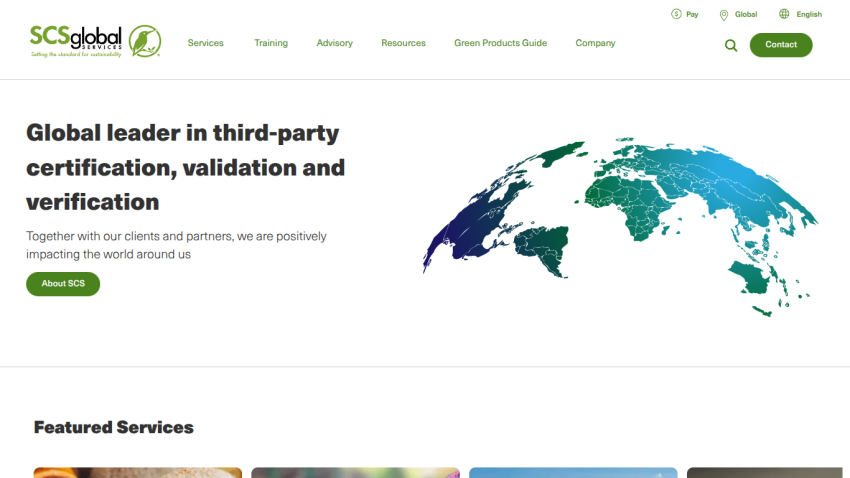Homepage of SC Global showcasing their certification services and a world map.