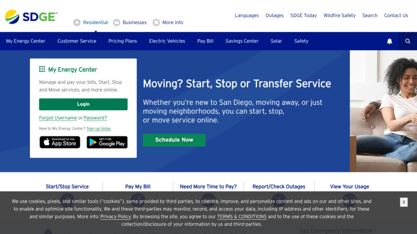 SDGE homepage with options to manage energy services and a call to action for moving services.