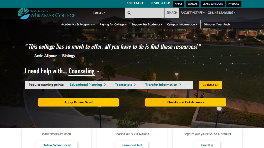 San Diego Miramar College homepage with navigation, student testimonial, counseling help options, and call-to-action buttons