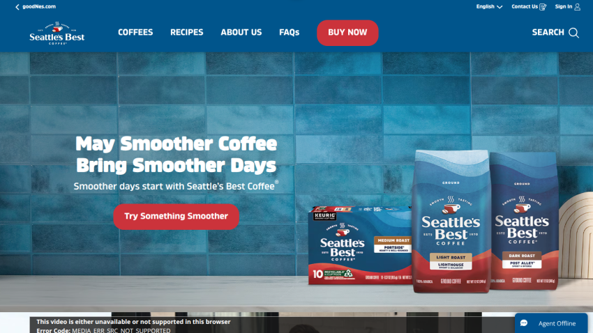 Seattle's Best Coffee homepage with tagline May Smoother Coffee Bring Smoother Days and product images