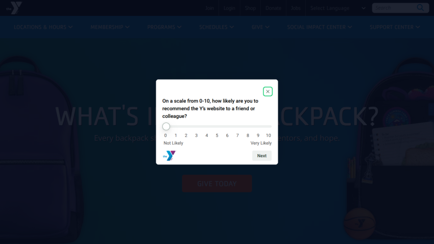 YMCA website hero section with call to action to give today and message about supporting youth with food, stability, mentors, and hope