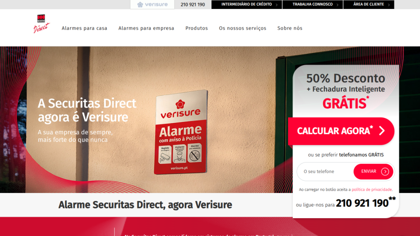 Homepage of Verisure with alarm system promotion offering 50% discount and free smart lock, plus contact options