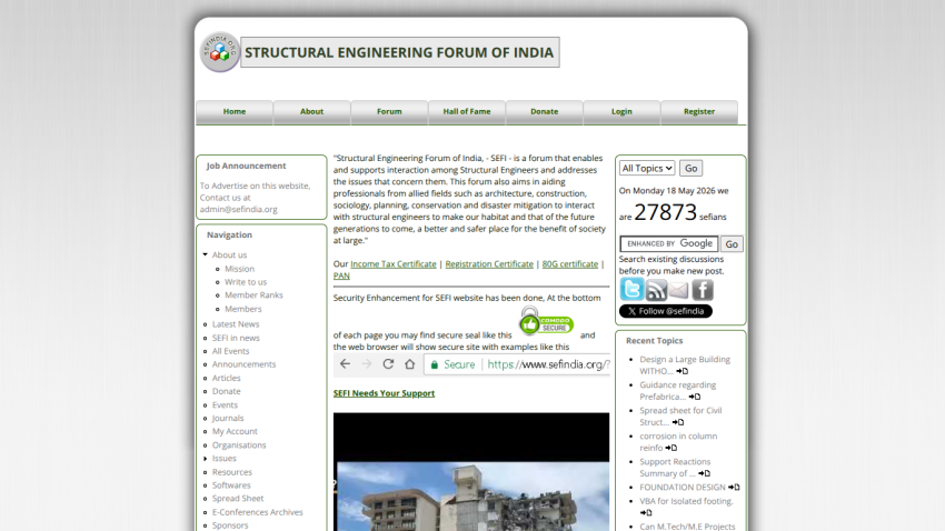 Homepage of Structural Engineering Forum of India with navigation links and featured content.