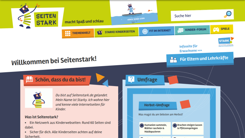 Seitenstark kids network homepage with welcome message, navigation tabs, and autumn survey for children.