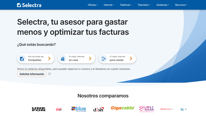 Selectra homepage offering advice to spend less and optimize bills with options for companies, home internet, and mobile internet