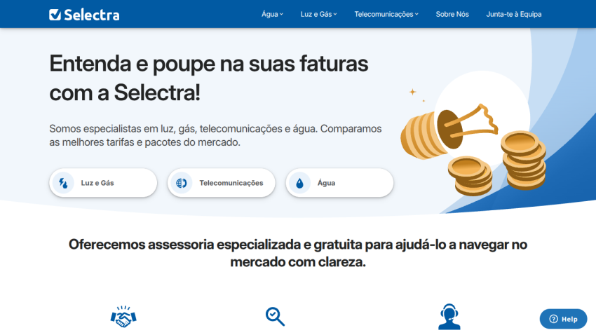 Homepage of Selectra offering assistance with utility bills and services.