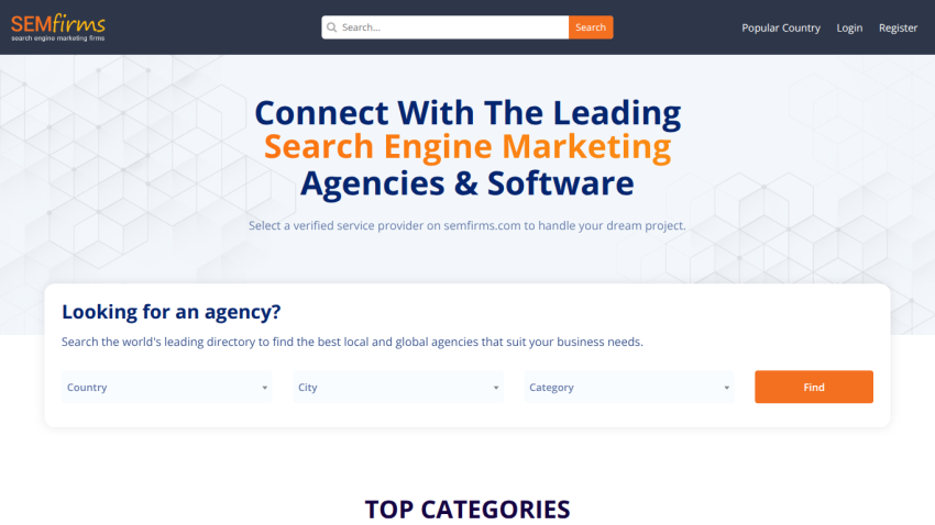 Search engine marketing agencies and software platform with search form to find agencies by country, city, and category