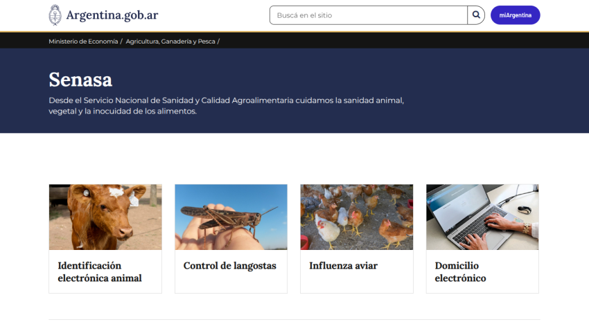 Homepage of Senasa with sections on animal identification, pest control, avian influenza, and electrical services.
