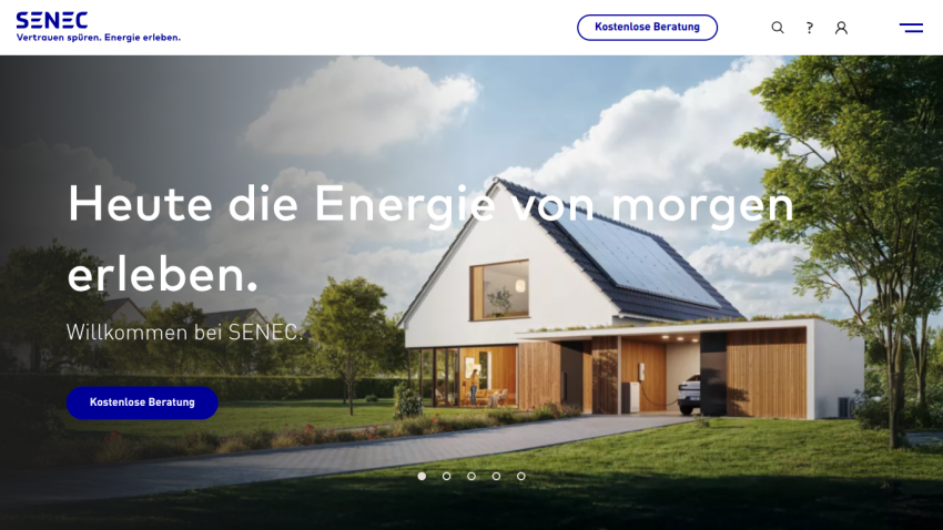 Homepage hero with solar-powered modern house and headline about experiencing tomorrow's energy today