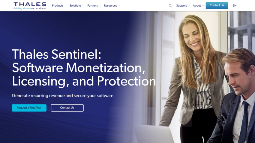 Thales Sentinel homepage featuring software monetization and licensing solutions.