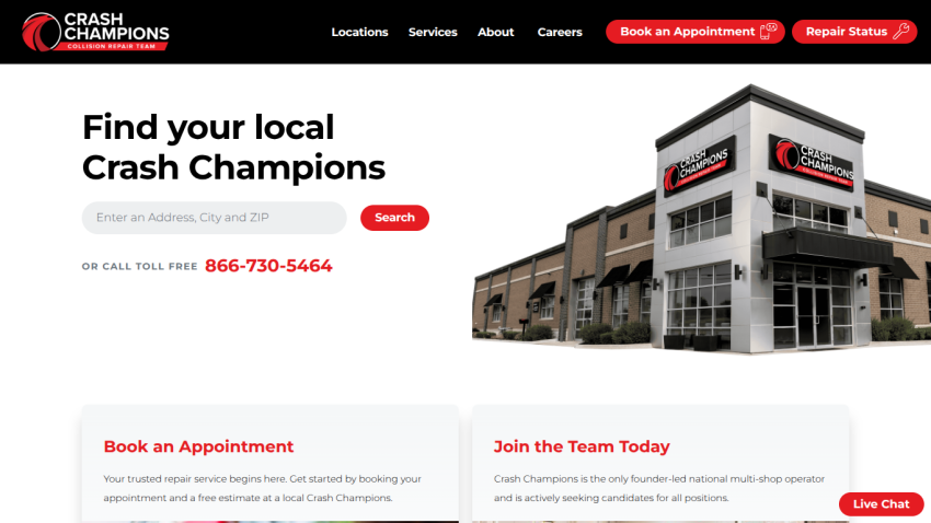 Crash Champions collision repair homepage with location search, contact number, appointment booking, and career info