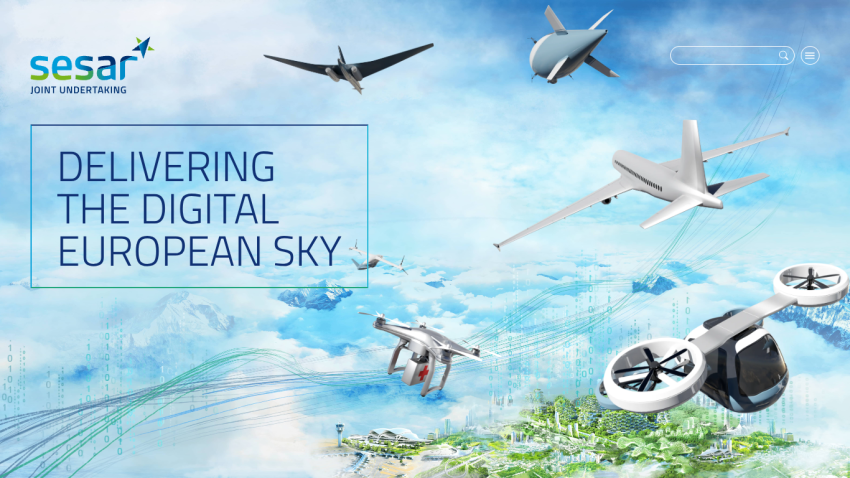 Sesar Joint Undertaking website hero with tagline Delivering the Digital European Sky and images of various aircraft and drones over a digital landscape