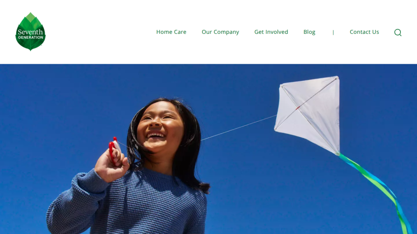 A girl flying a kite against a blue sky, with navigation links above.
