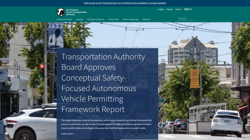 San Francisco County Transportation Authority website with news about safety-focused autonomous vehicle permitting
