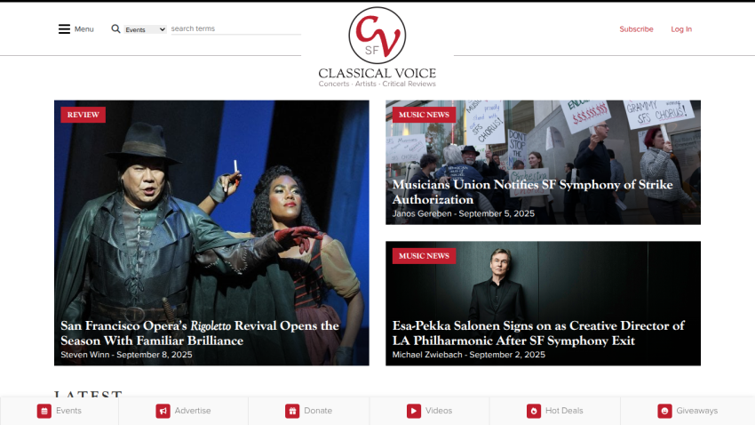 Homepage of Classical Voice featuring articles on opera and symphony news.