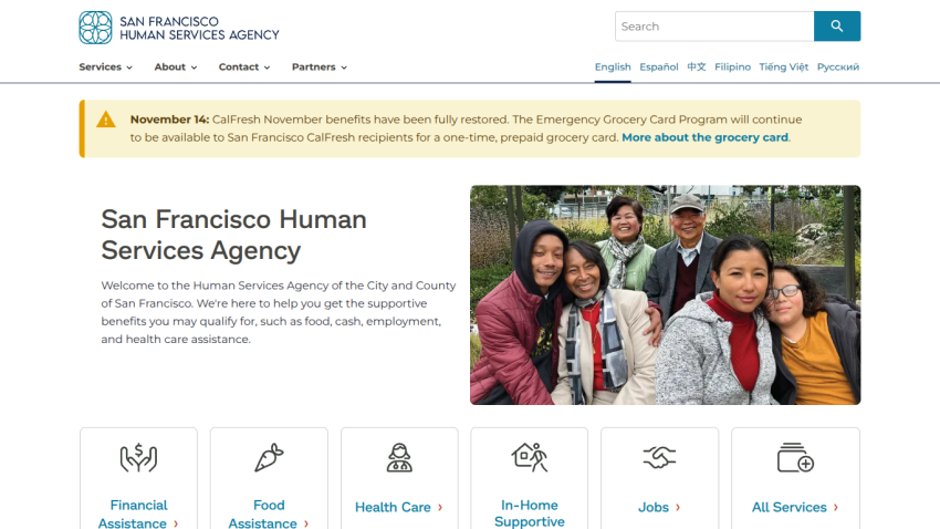 San Francisco Human Services Agency homepage offering information on financial, food, health care, in-home support, and jobs assistance