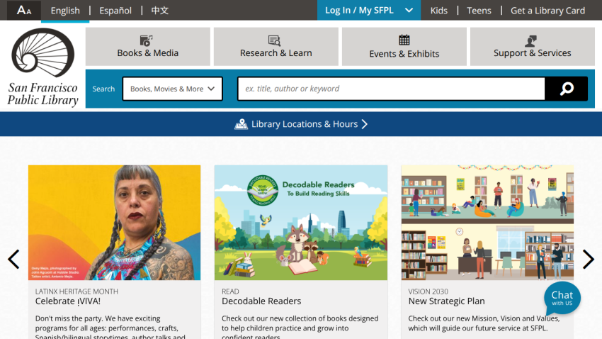 San Francisco Public Library homepage featuring search bar and highlighted resources.