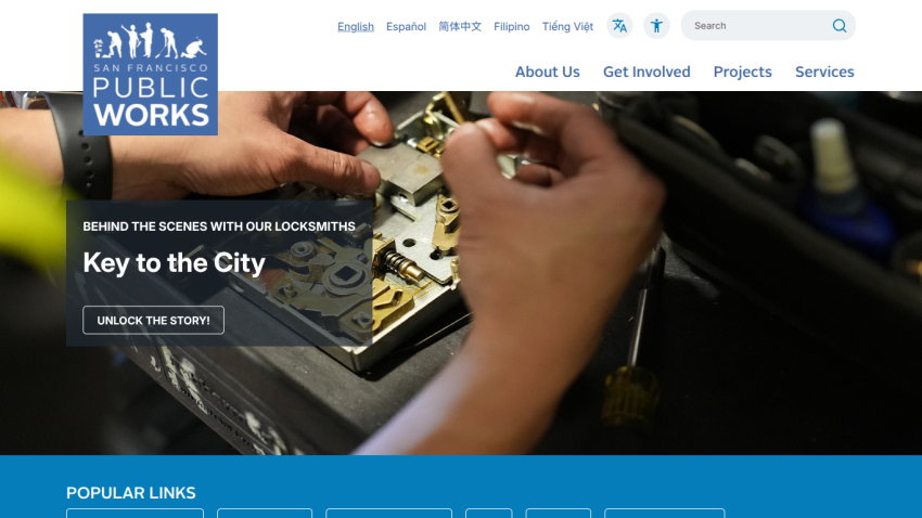 San Francisco Public Works homepage with locksmith feature titled Key to the City and navigation links