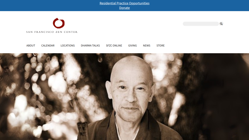 San Francisco Zen Center website with navigation links and a portrait of a monk in the hero section