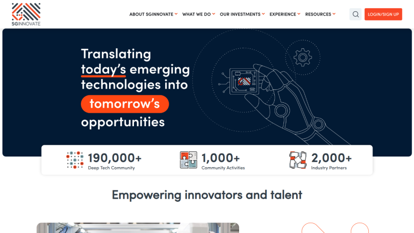 SGInnovate homepage with tagline about translating emerging technologies into opportunities and community stats