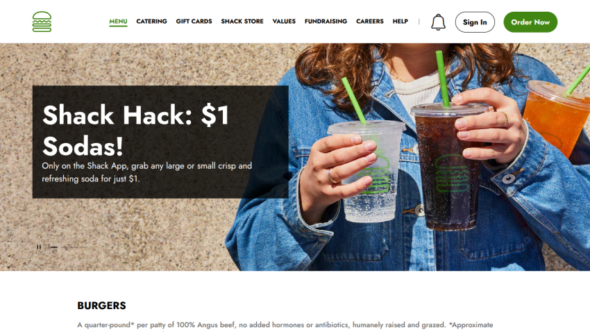 Promotional banner for $1 sodas with drinks in hand and burger section below.