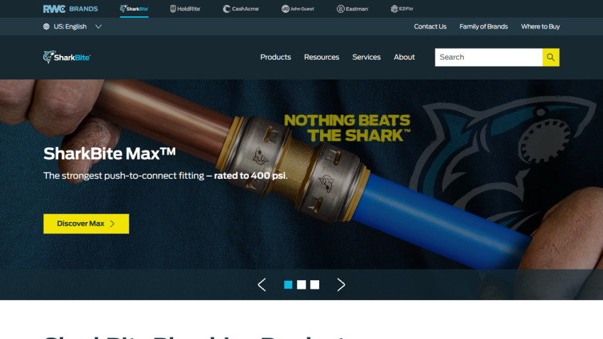 SharkBite Max push-to-connect fitting rated to 400 psi with navigation and brand logos