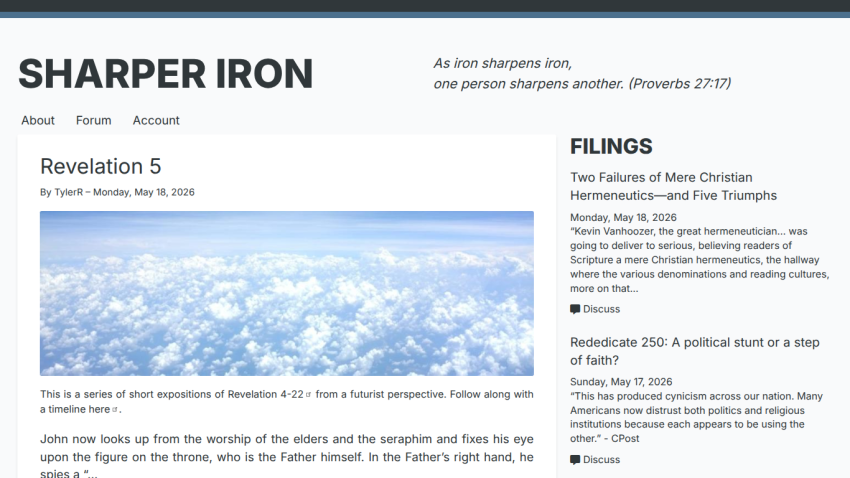 Article titled 'Revelation 5' with a scenic image and links to related filings.