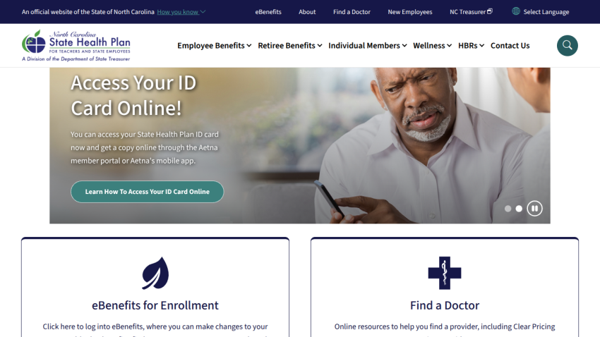 North Carolina State Health Plan homepage with ID card access info, navigation menu, and options for eBenefits and finding a doctor