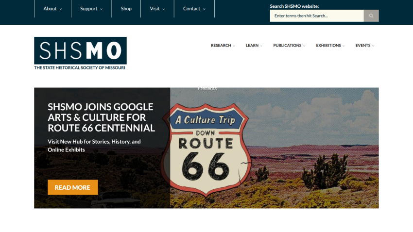 State Historical Society of Missouri homepage featuring Route 66 Centennial collaboration with Google Arts & Culture