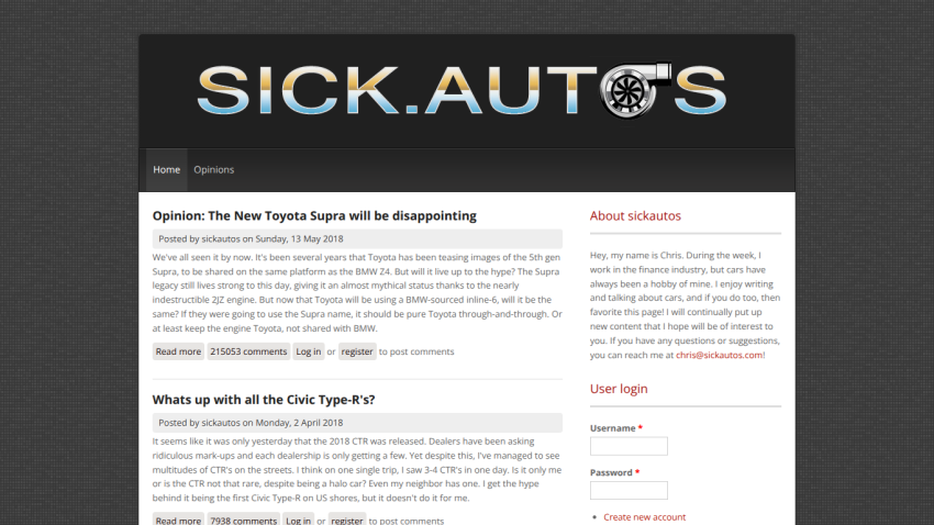 Car enthusiast blog Sick Autos with opinion articles on Toyota Supra and Civic Type-R, plus author info and login form