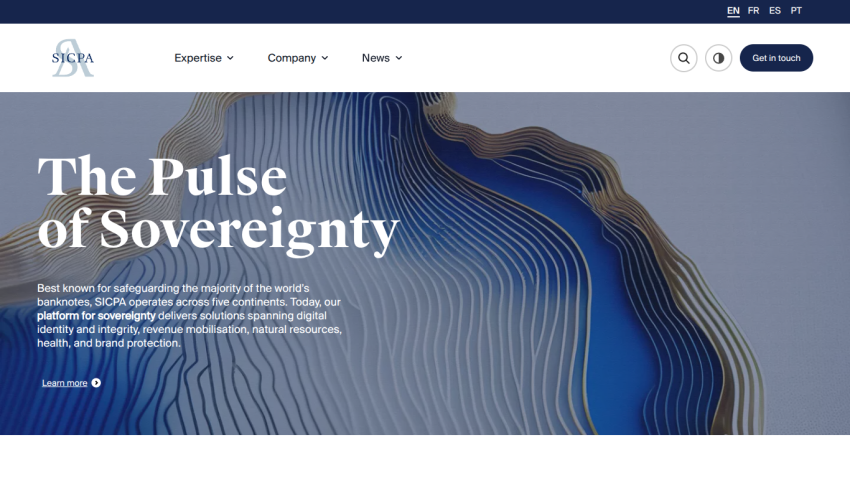 SICPA homepage with headline 'The Pulse of Sovereignty' describing their platform for sovereignty solutions