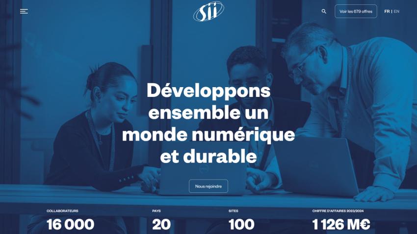 SII company homepage with a call to join, highlighting 16,000 employees, presence in 20 countries, 100 sites, and 1,126 million euros revenue