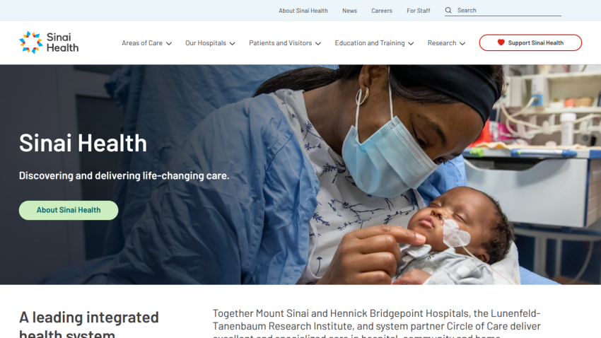 Sinai Health homepage with navigation, headline 'Discovering and delivering life-changing care', and image of healthcare worker with infant