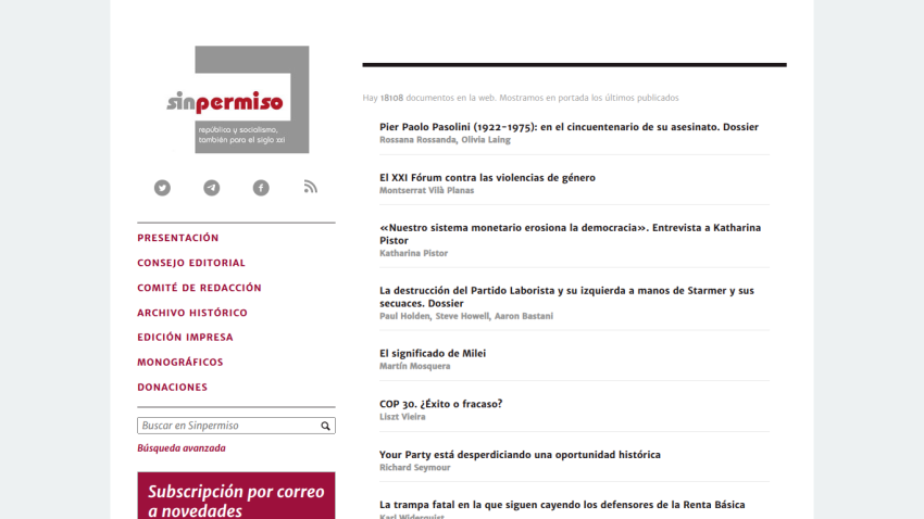 Sinpermiso homepage with logo, navigation menu, search bar, and list of recent articles on politics and social issues