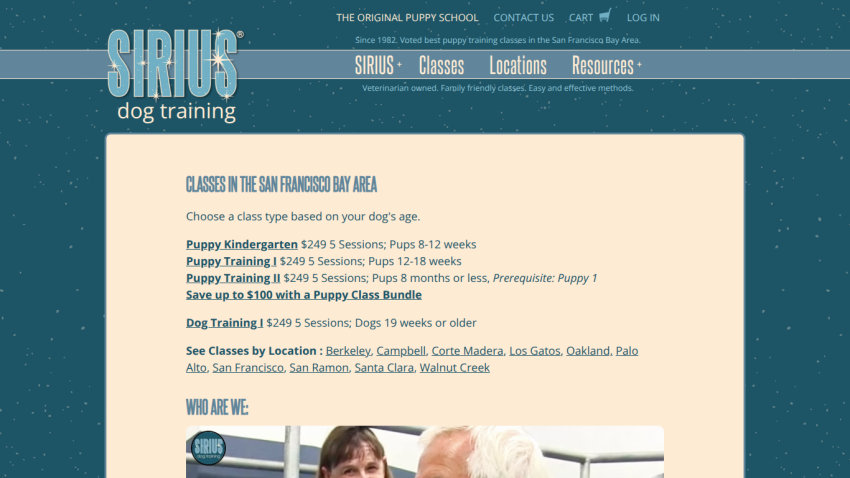 Sirius dog training website offering puppy and dog training classes in the San Francisco Bay Area with locations and contact links