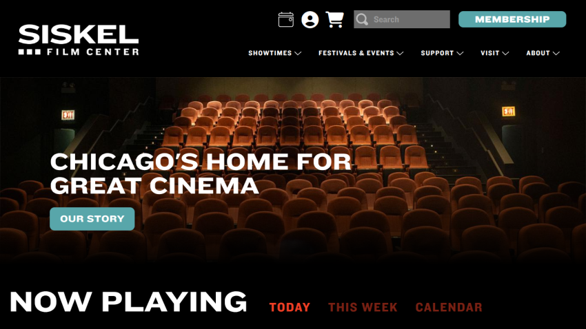 Siskel Film Center homepage with navigation and hero section stating Chicago's home for great cinema and an Our Story button