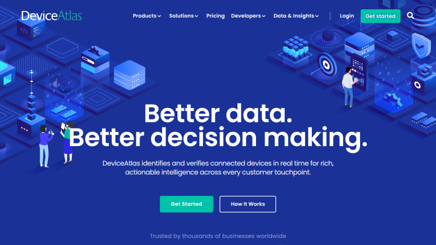 DeviceAtlas homepage with headline Better data. Better decision making. and buttons Get Started and How It Works