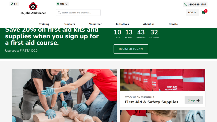 St. John Ambulance homepage with a promotion for 20% off first aid kits and courses, countdown timer, and navigation menu