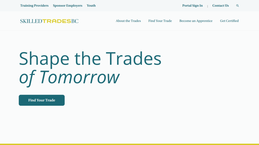 Skilled Trades BC homepage with navigation links and a call to action button 'Find Your Trade' under the headline 'Shape the Trades of Tomorrow'