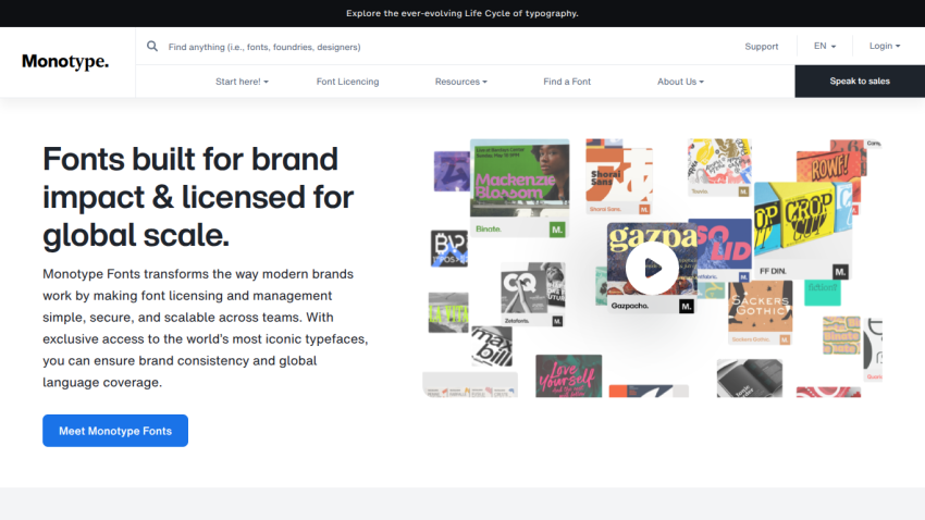 Monotype homepage showcasing font licensing for brands with a call-to-action button and font samples