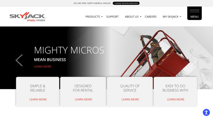 Skyjack homepage with navigation menu and hero section promoting Mighty Micros lifts with key features and learn more links