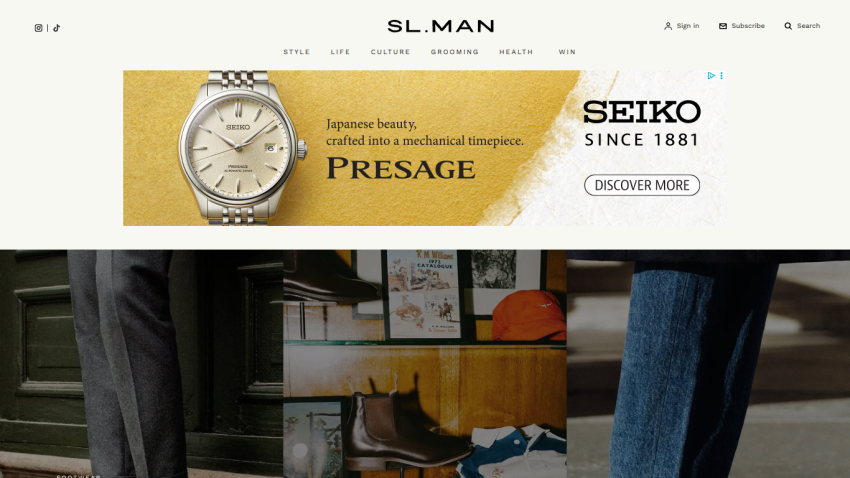 SL.MAN website header with navigation links and a hero section featuring men's fashion items and a Seiko watch advertisement